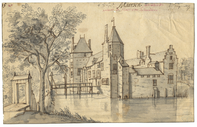 201562 Gezicht op het omgrachte kasteel Ter Meer te Maarssen, met links de toegangspoort tot de voorburcht.N.B. Het ...